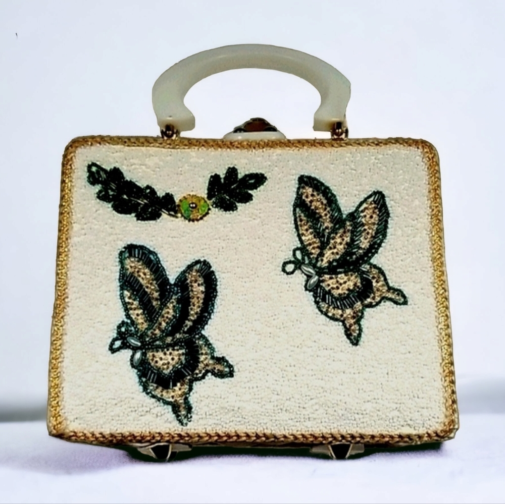 Vintage 1950s Mid Century ADELES Miami Beaded Lucite Wicker Box Bag - Picture 2 of 16